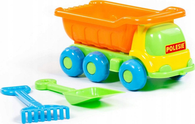 Set lodrash me rërë Polesie Auto Plus 57051, kamion me dump, lopatë edhe grusht, shumëngjyrësh