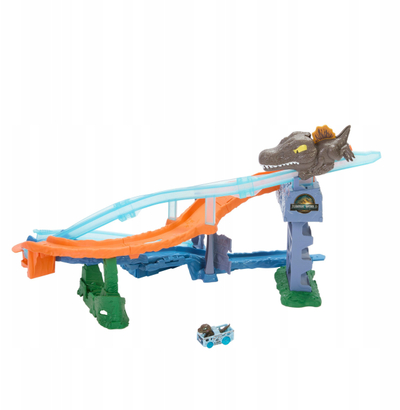 Set lojërash Hot Wheels Jurassic World Crash & Splash Track, me makinë dinosauri metalike, shumëngjyrësh