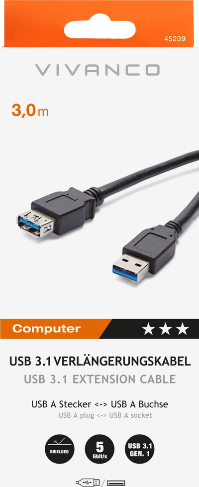 Kabllo zgjatues USB Vivanco 45239, USB 3.1 Gen 1, 3m, e zezë