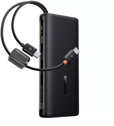 Надворешна батерија Baseus 25000mAh, 145W, со интегрирани кабли USB C, црна