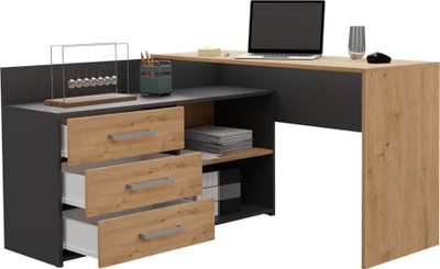 Аголна компјутерска маса Dany, со комода со 3 фиоки, антрацит, декор дрво Oak Artisan