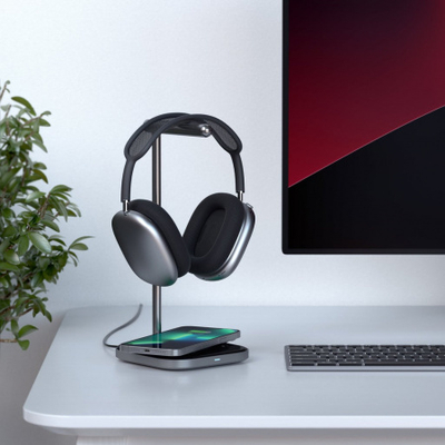 Mbajtëse për kufje Satechi 2-IN-1 me karikues Wireless, e hirtë