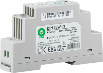 Furnizues energjie DIN-rail DIN15W12, 12V 1.25A, hyrje 200-240V, gri