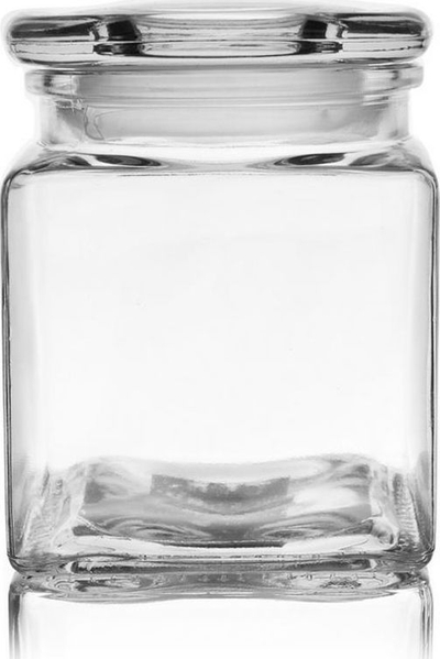 Kavanoz katror qelqi pa markë, me kapak hermetik, transparent