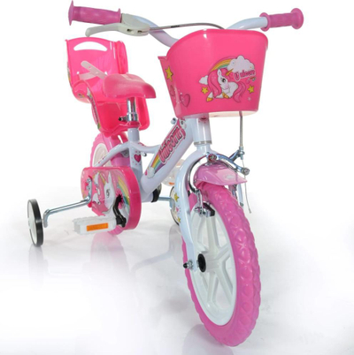 Biçikletë fëmijësh Unicorn Kids, 12", me rrota ndihmëse, rozë e bardhë
