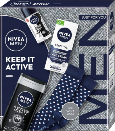 Set dhurate Nivea Men Keep It Active, xhel dushi 3‑në‑1 250 ml, deodorant roll‑on 50 ml, krem per fytyren 75 ml