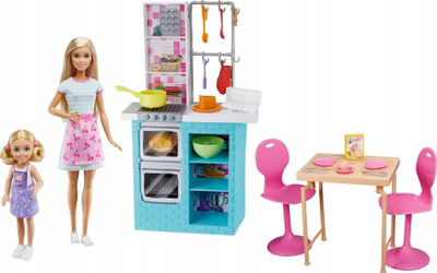 Set lodrash Barbie Baking Kitchen, 2 kukulla, aksesorë kuzhine, shumëngjyrësh