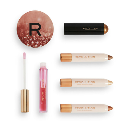 Set Revolution Glowy Glam kMK1768 3 Hije për sy + Shkëlqyes për fytyrë + Vaj për buzë + Pasqyrë
