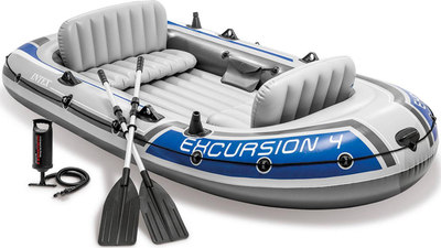 Varkë e fryme Intex Excursion 4, set me lopata dhe pompë, 4 veta, gri e blu