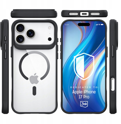 Mbrojtëse telefoni 3MK Satin Armor Clear MagCase, për iPhone 17 Pro, MagSafe, transparente me kornizë të zezë
