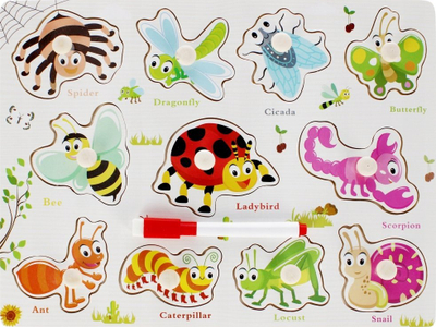Puzzle druri Mega Creative Insects Board, 11 copa, lodër edukative, shumëngjyrëshe