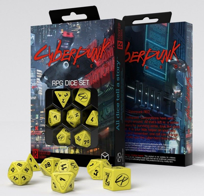 Set zare Q-Workshop Cyberpunk Red Danger Zone, 7 zare, temë RPG, e verdhë