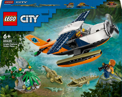Lodër ndërtimi LEGO City Jungle Explorer Water Plane 60425, aeroplan ujor, 2 minifigura, portokalli me të bardhë