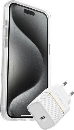 Set aksesorësh OtterBox për iPhone 15 Pro Max, karikues USB C 30W, kapak transparent, i bardhë