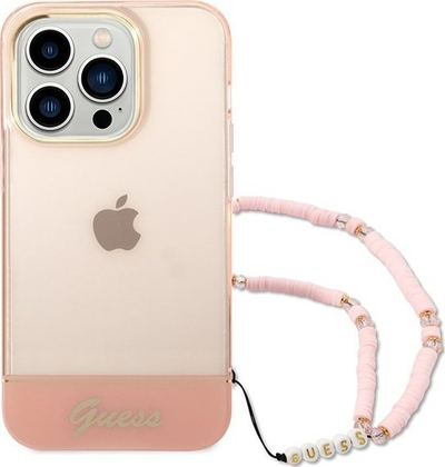 Mbështjellës telefoni Guess GUHCP14XHGCOHP për iPhone 14 Pro Max, hardcase TPU, me varëse perlë, rozë gjysmë transparente