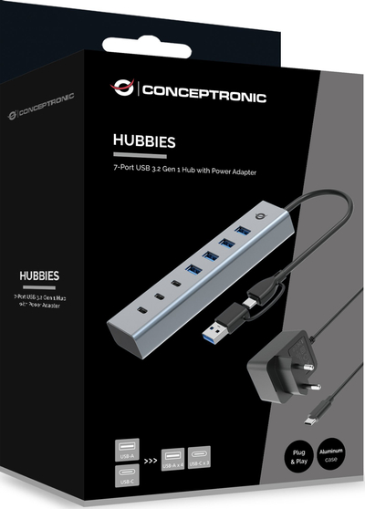 Hub USB Conceptronic HUBBIES20GP, 7 porta USB 3.0, 5Gbps, gri