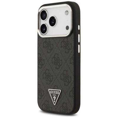 Mbrojtëse telefoni Guess Magsafe 4G PU Leather për iPhone 17 Pro, me kornizë metalike te kamera, e zezë