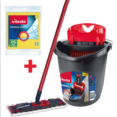 Set pastrimi Vileda Ultramax Box+, mop me kovë, mikrofibër, e kuqe e zezë
