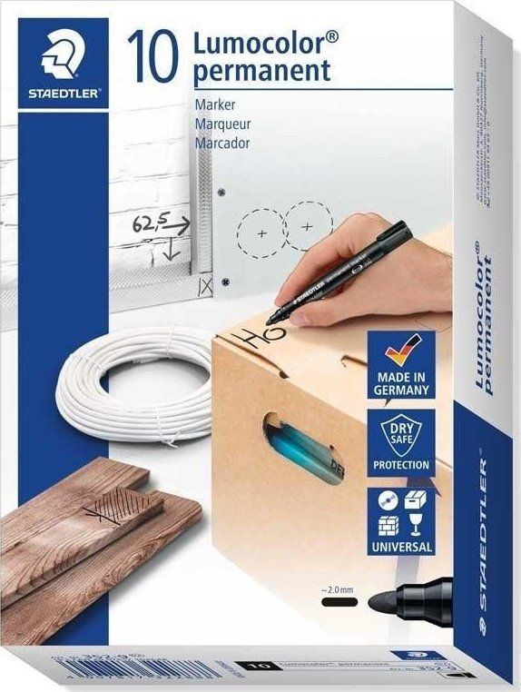 Marker permanent Staedtler Lumocolor, trashësi 2–5 mm, paketim 10 cope, i zi
