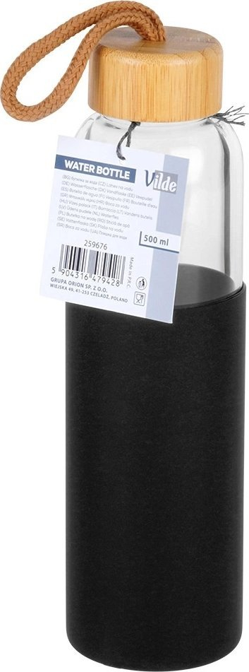 Shishe qelqi për pije Vilde, 0.5L, kapak bambuje, me mbulesë silikoni të zezë