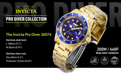 Orë dore Invicta Pro Diver, kuarc, çelik inox, ari blu