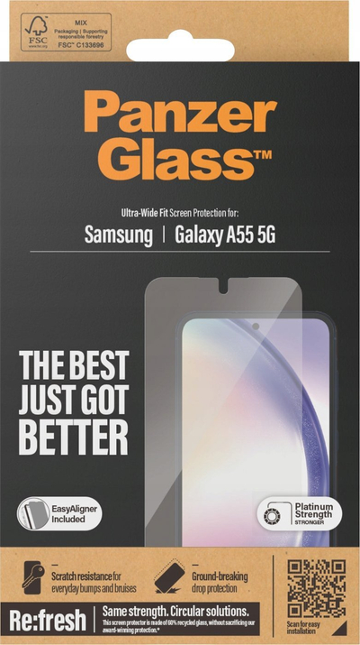 Mbrojtëse ekrani PanzerGlass Samsung Galaxy A55 5G, xham i temperuar, Ultra Wide Fit, transparent
