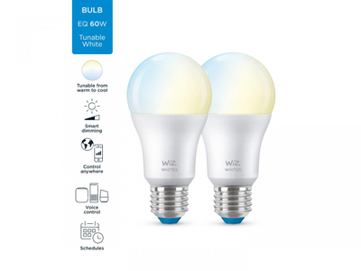 Llambë smart WiZ LED E27 A60, 8W 806lm, 2700-6500K, paketë 2 copë
