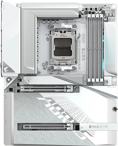Motherboard GIGABYTE X870 AORUS STEALTH ICE, AMD Ryzen 9000, DDR5, PCIe 5.0, e bardhë
