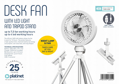 Ventilator i rikarikueshëm Platinet PRDF0556, 2400mAh, me dritë LED, i bardhë