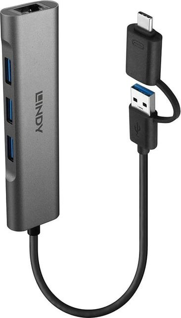 Hub USB me Ethernet Lindy USB 3.2 Gen 1, 3x USB A, Gigabit LAN, gri