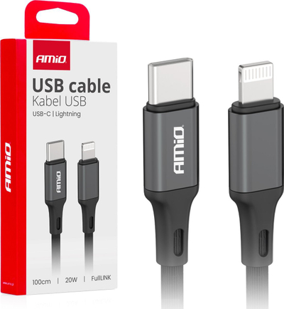 Kabllo karikimi USB AMiO 03904, USB C edhe Lightning, 1m, 20W, e zezë