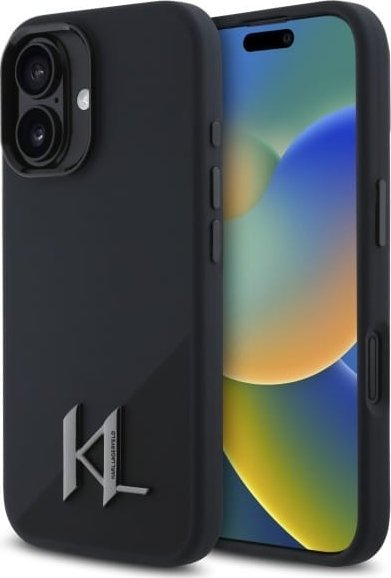 Kapak telefoni Karl Lagerfeld Silicone Shadow Metal Initial MagSafe për iPhone 16 6.1", silikoni, i zi
