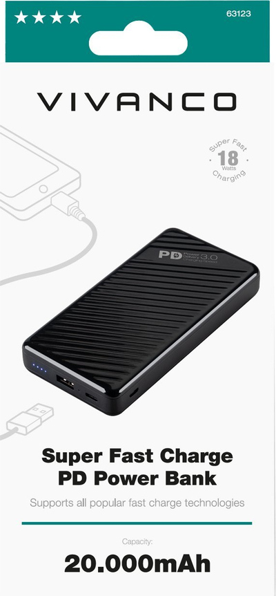 Power bank Vivanco Super Fast Charge PD, 20000mAh, 18W, i zi