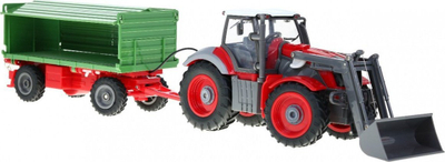 Lodër traktor me telekomandë, 1:28, me eskavator dhe rimorkio, i kuq jeshil