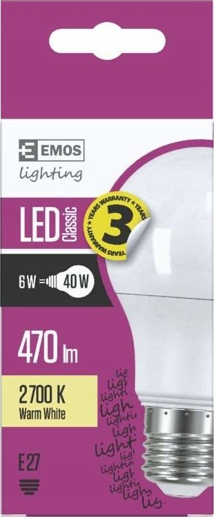 Llambë LED EMOS Classic A60, 6W 470lm, E27 2700K, e bardhë e ngrohtë