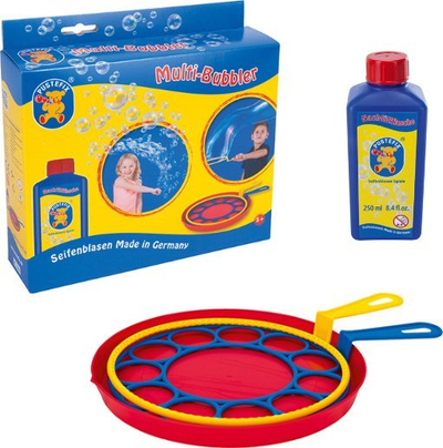 Lodër me flluska sapuni Pustefix Multi Bubbler, set me unazë gjigande dhe multi, solucion 250 ml, shumëngjyrëshe