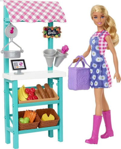 Set loje Barbie Careers Farmers Market, me kukull bionde, me mobilje edhe aksesorë, shumëngjyrësh