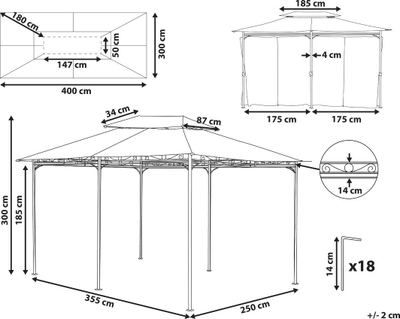 Çadër kopshti Beliani Gazebo Colos, metal 4x3 m, me perde, gri grafit