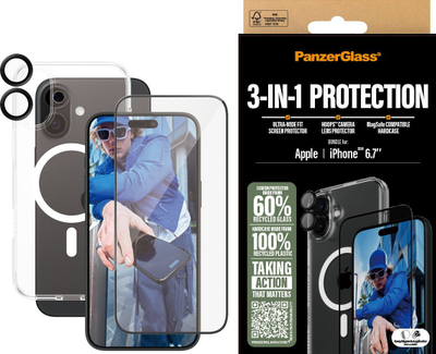 Set mbrojtës PanzerGlass 3 në 1, për iPhone 16 Plus, xham mbrojtës dhe mbrojtje kamere, transparent