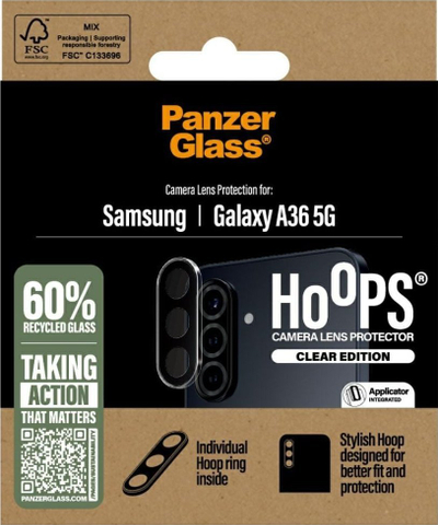 Mbrojtës kamere PanzerGlass Hoops për Samsung Galaxy A36 5G, xham i temperum, transparent
