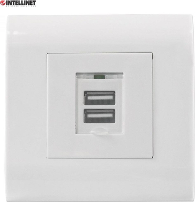Prizë murale Intellinet me 2 porta USB A, 5V 2.1A, pllakë 80x80mm, e bardhë