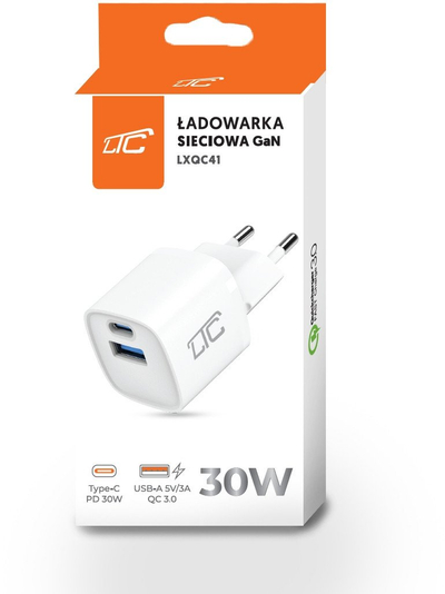 Karikues muri LTC AC Charger 30W GaN, USB C PD, USB A 3A, i bardhë