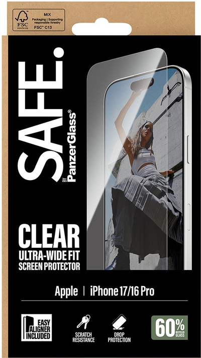 Mbrojtës ekrani PanzerGlass SAFE, iPhone 17 iPhone 16 Pro, Ultra Wide Fit, transparent
