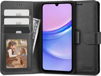 Kapak portofol Tech-Protect Wallet për Samsung Galaxy A15, lëkurë eko, me stand, i zi