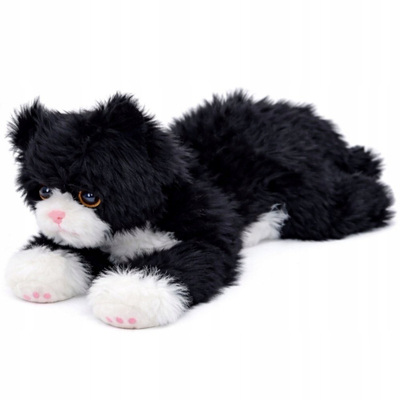 Плишана играчка лежечка мачка, 38 cm, меко крзно, црно и бело