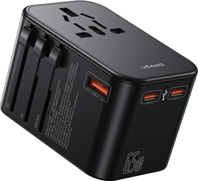 Adapter udhëtimi Usams T62, 65W, 1xUSB 2xUSB C, i zi