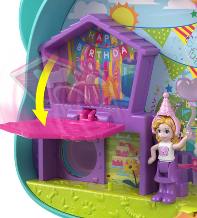 Set loje Polly Pocket World Doggy Birthday Bath, kompakt, me kukulla të vogla, shumëngjyrësh