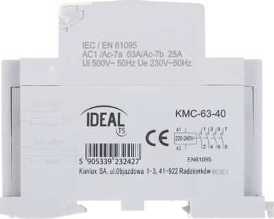 Модуларен контактор Ideal KMC-63-40, 63A, 400V AC, бел