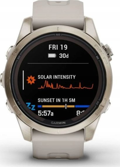 Orë e zgjuar Garmin Fenix 7S Pro Sapphire Solar, 42mm, GPS, soft gold me rrip light sand