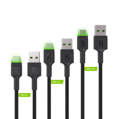 Set kabllosh Green Cell, USB-A në USB-C, 3 copë, 2 metra, i zi